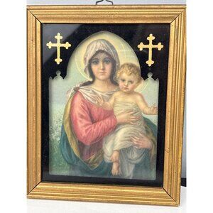 Vintage Religious Virgin Mary & Child Framed Print Gold Frame Small 1932 Deltex